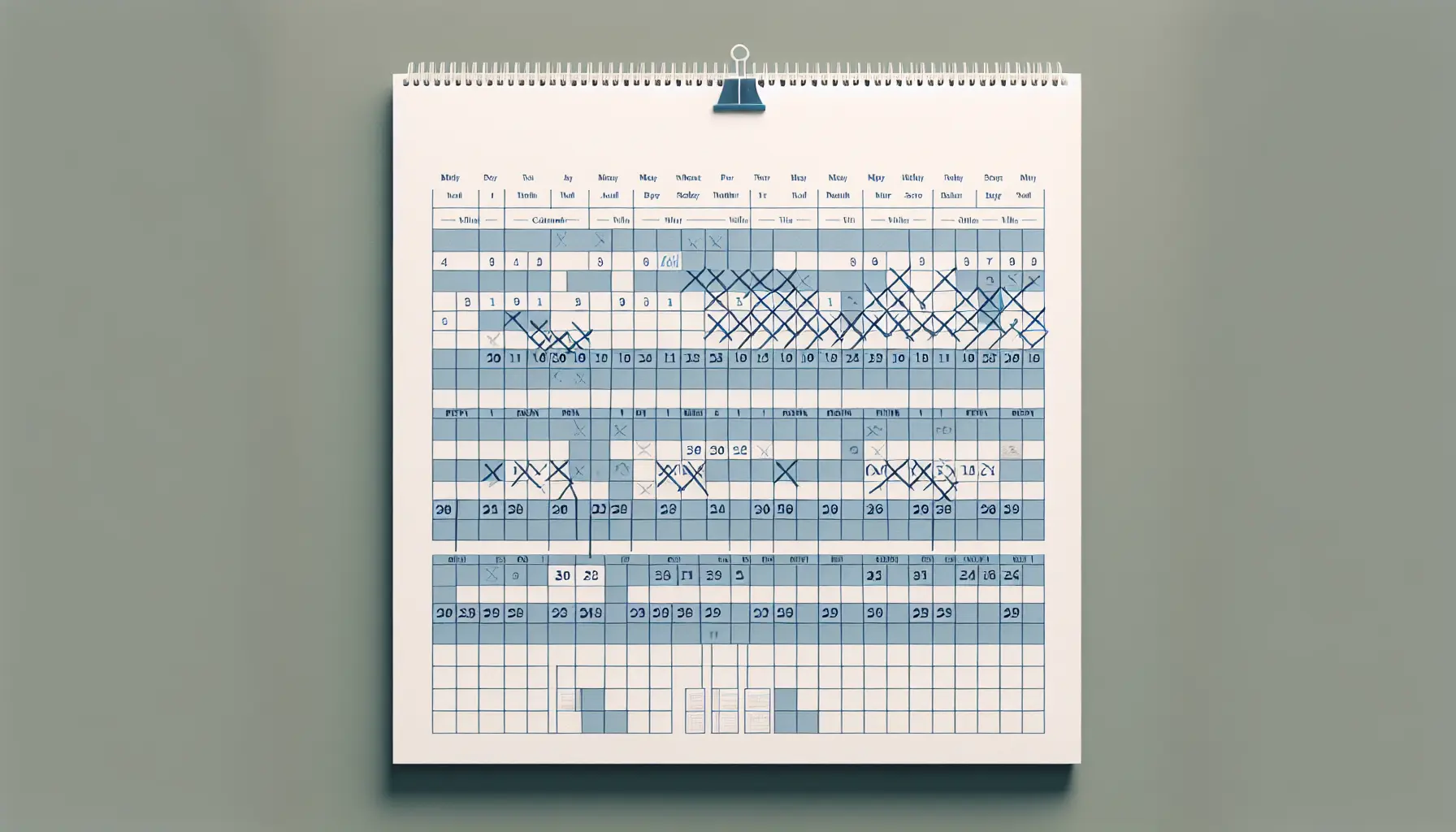 A calendar with some days marked and others blank, showing the uneven path of habit formation