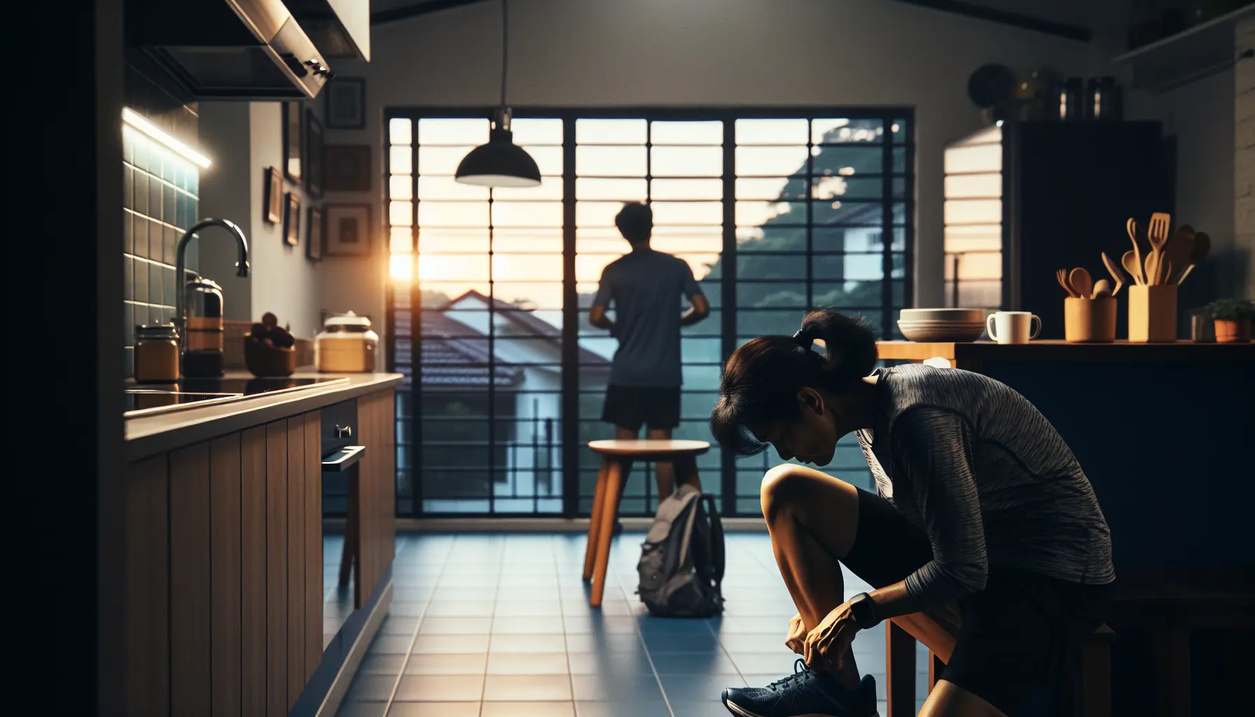 A runner lacing up shoes at dawn in an empty kitchen