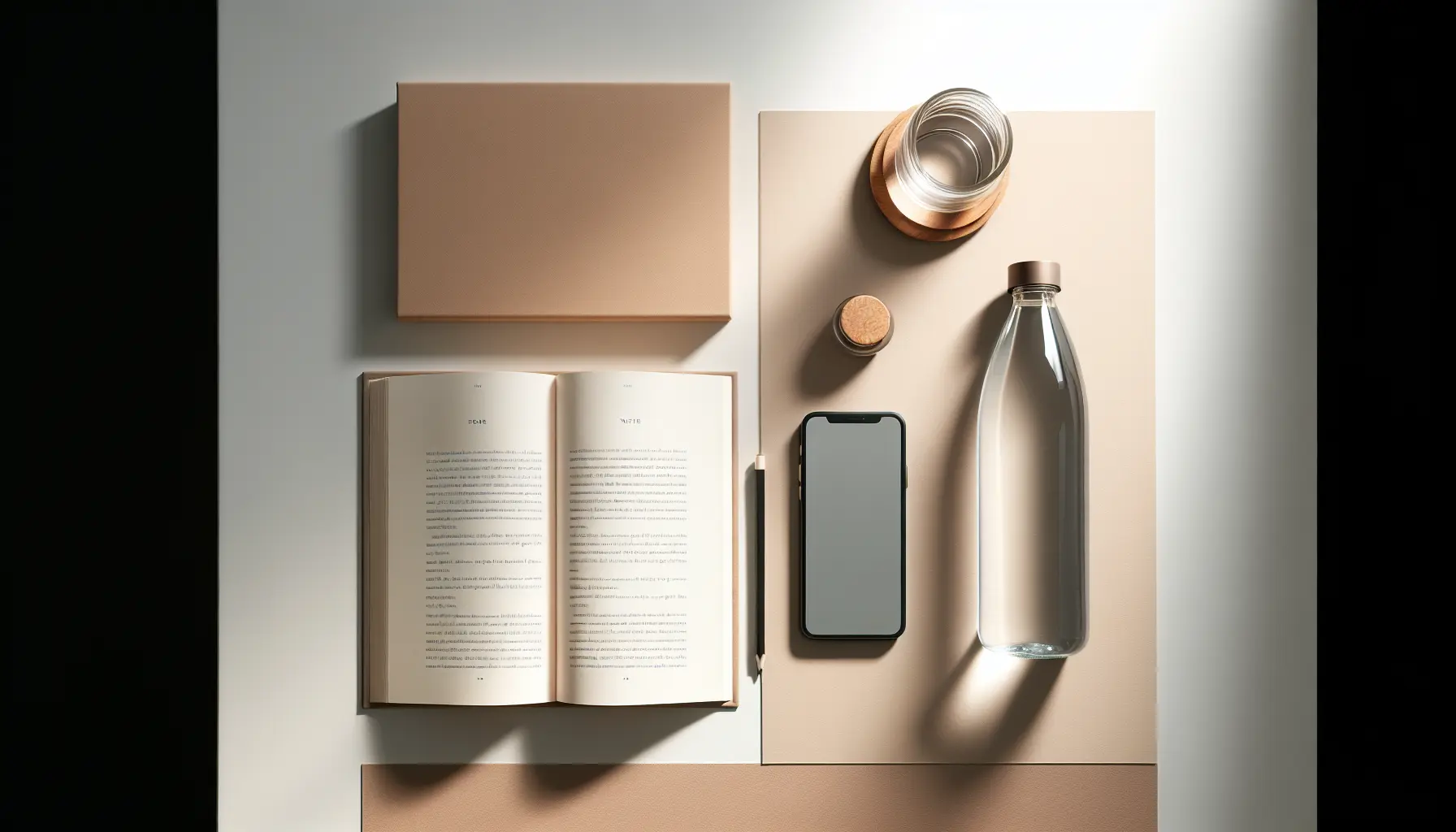Minimalist desk with water bottle and book in view, phone out of sight