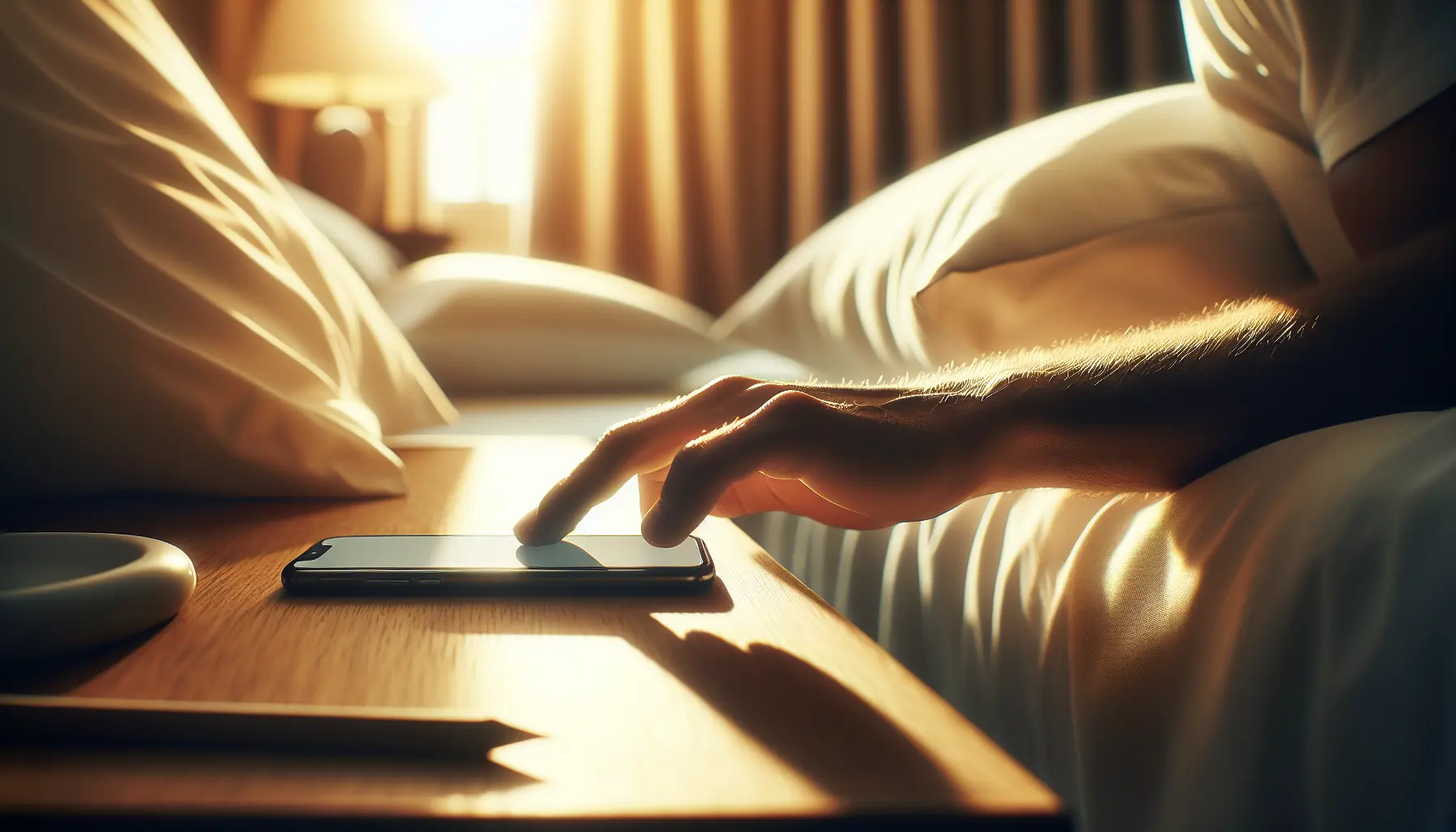 A person reaching for their phone on a nightstand as morning light hits the pillow