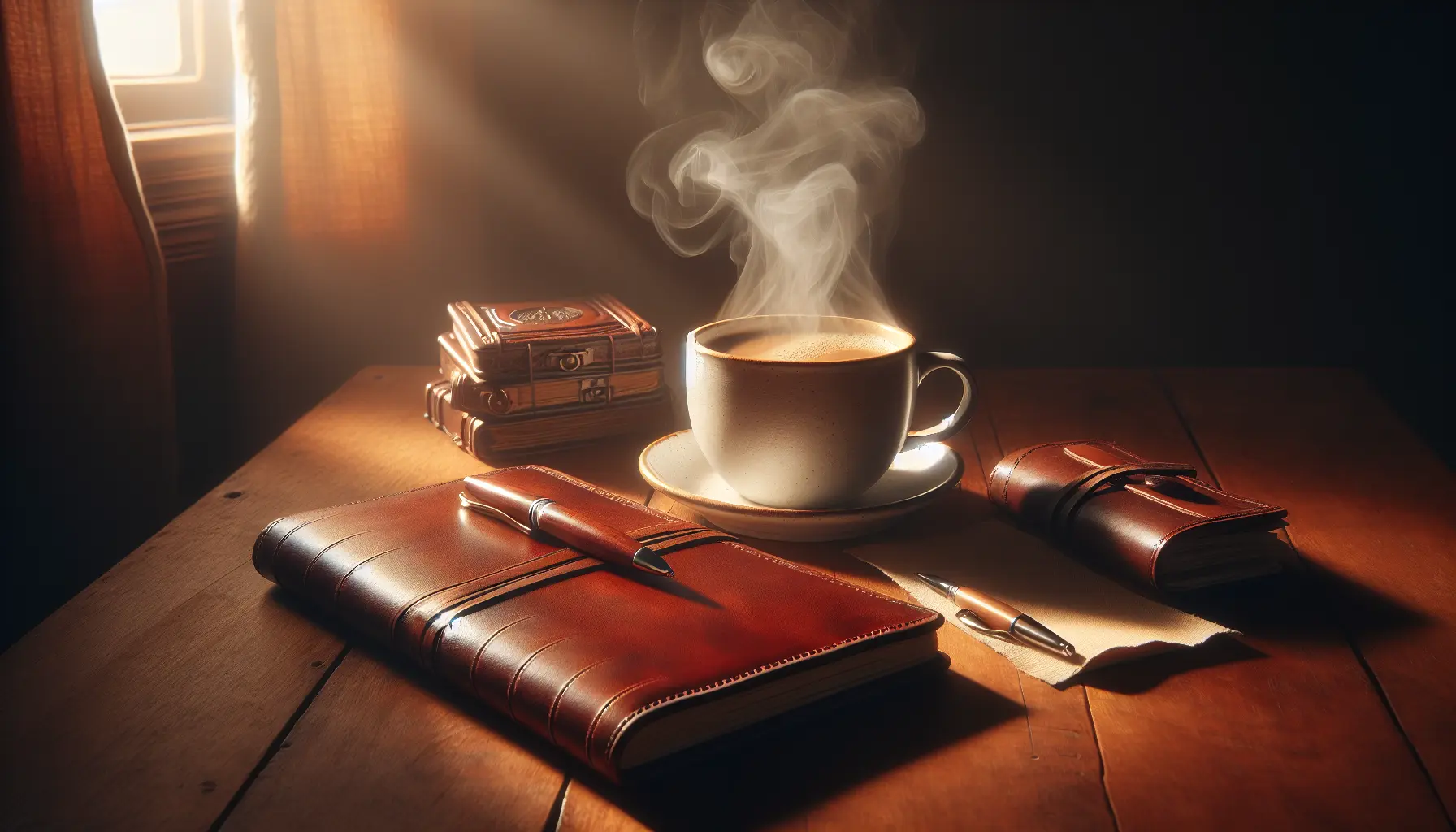 A steaming mug of coffee on a wooden table next to an open journal