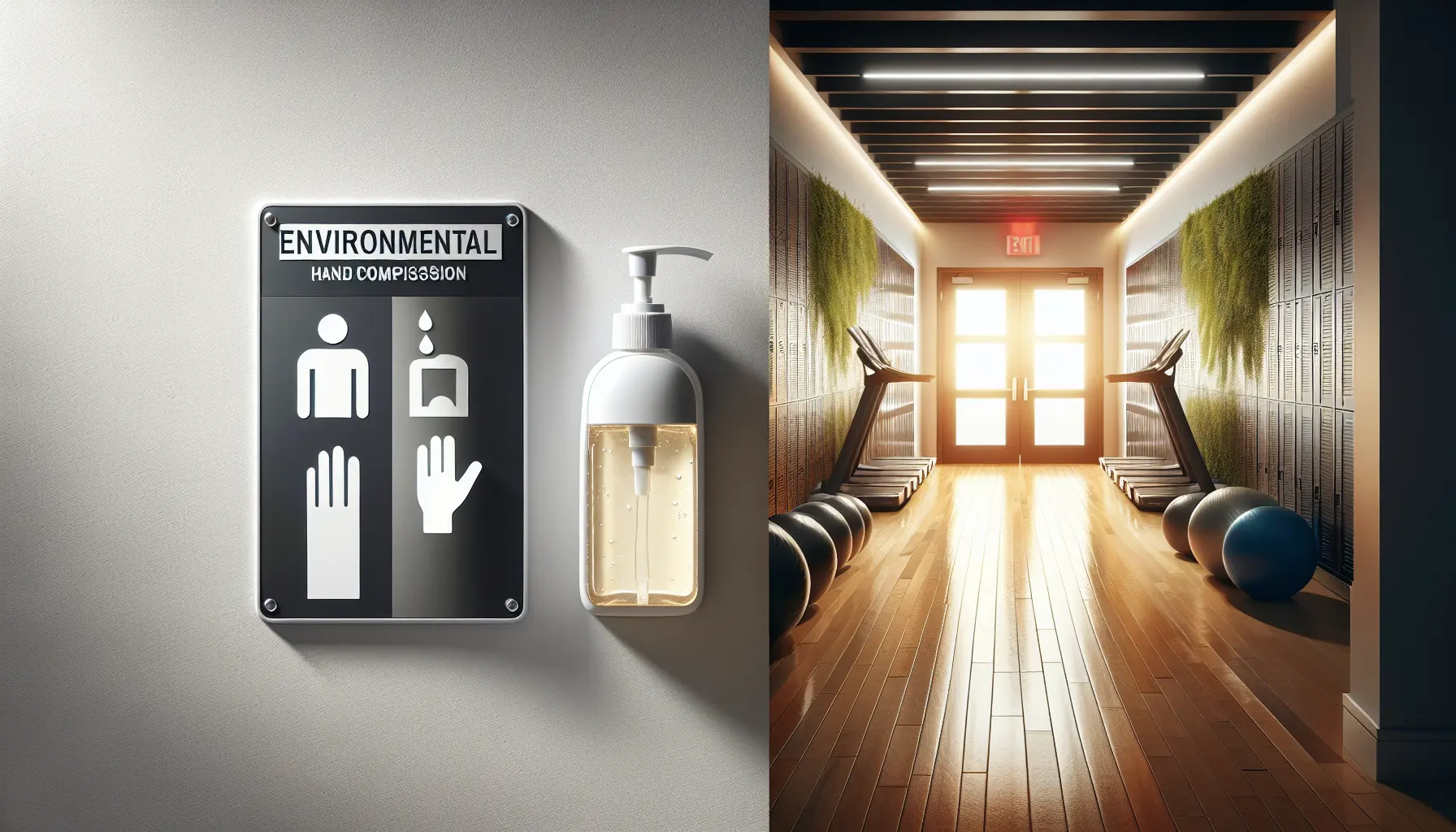 Split image of a hand sanitizer dispenser on one side and a gym entrance on the other