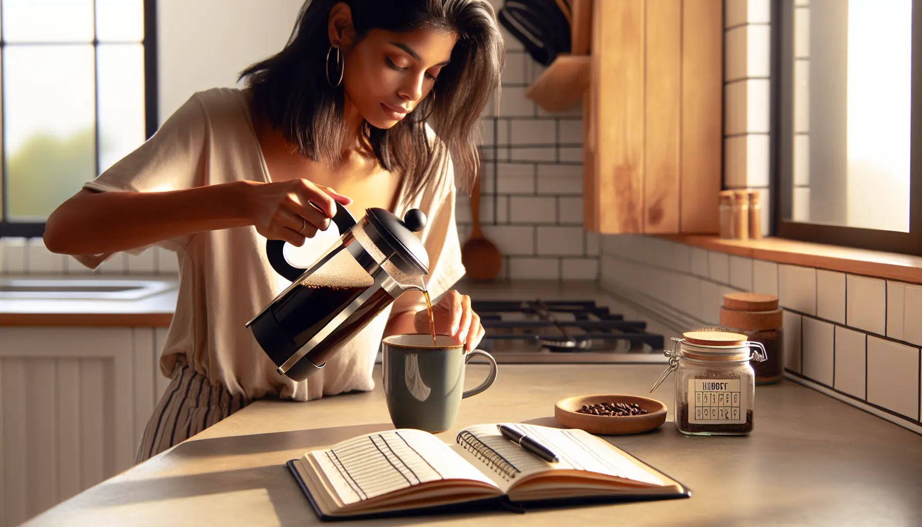 Person pouring coffee with a habit tracker notebook nearby