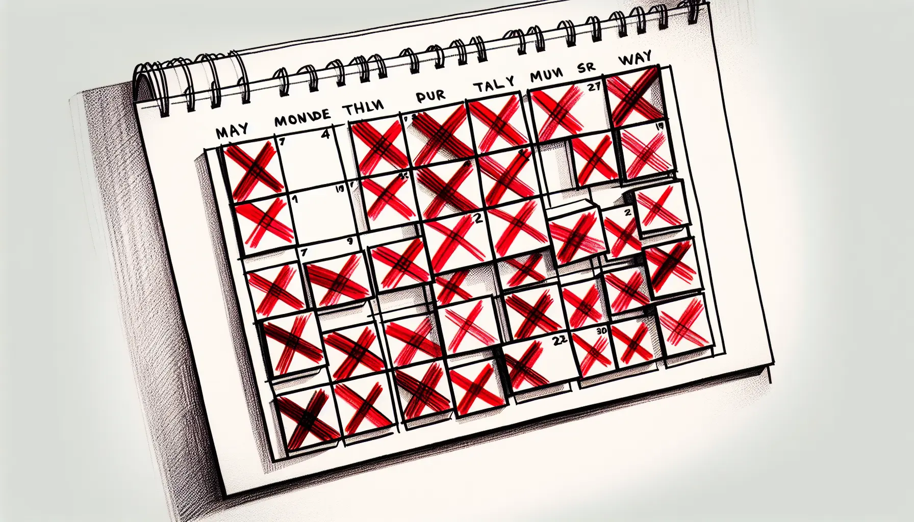 A wall calendar covered in red X marks, one square left blank near the end of the month