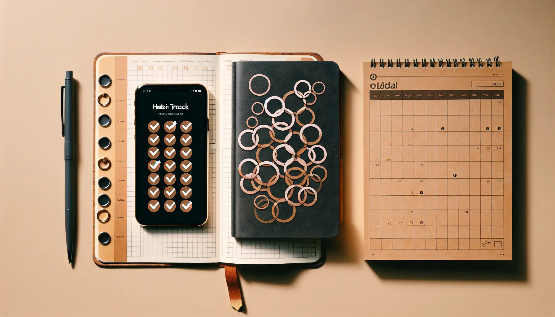 Flat lay of a bullet journal, smartphone with a habit app, and a wall calendar side by side