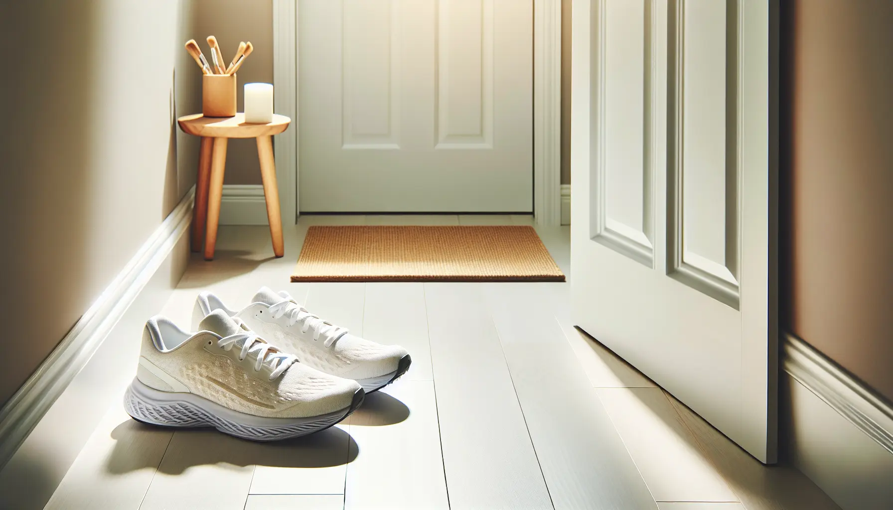 Person lacing up running shoes in a hallway