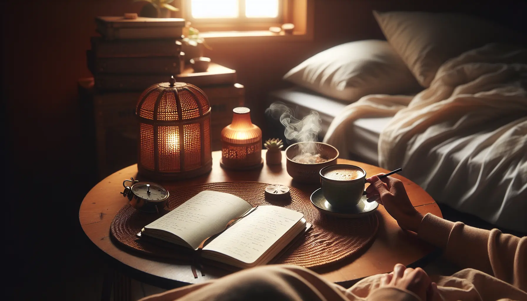A person sitting with coffee and an open habit journal, reviewing the week