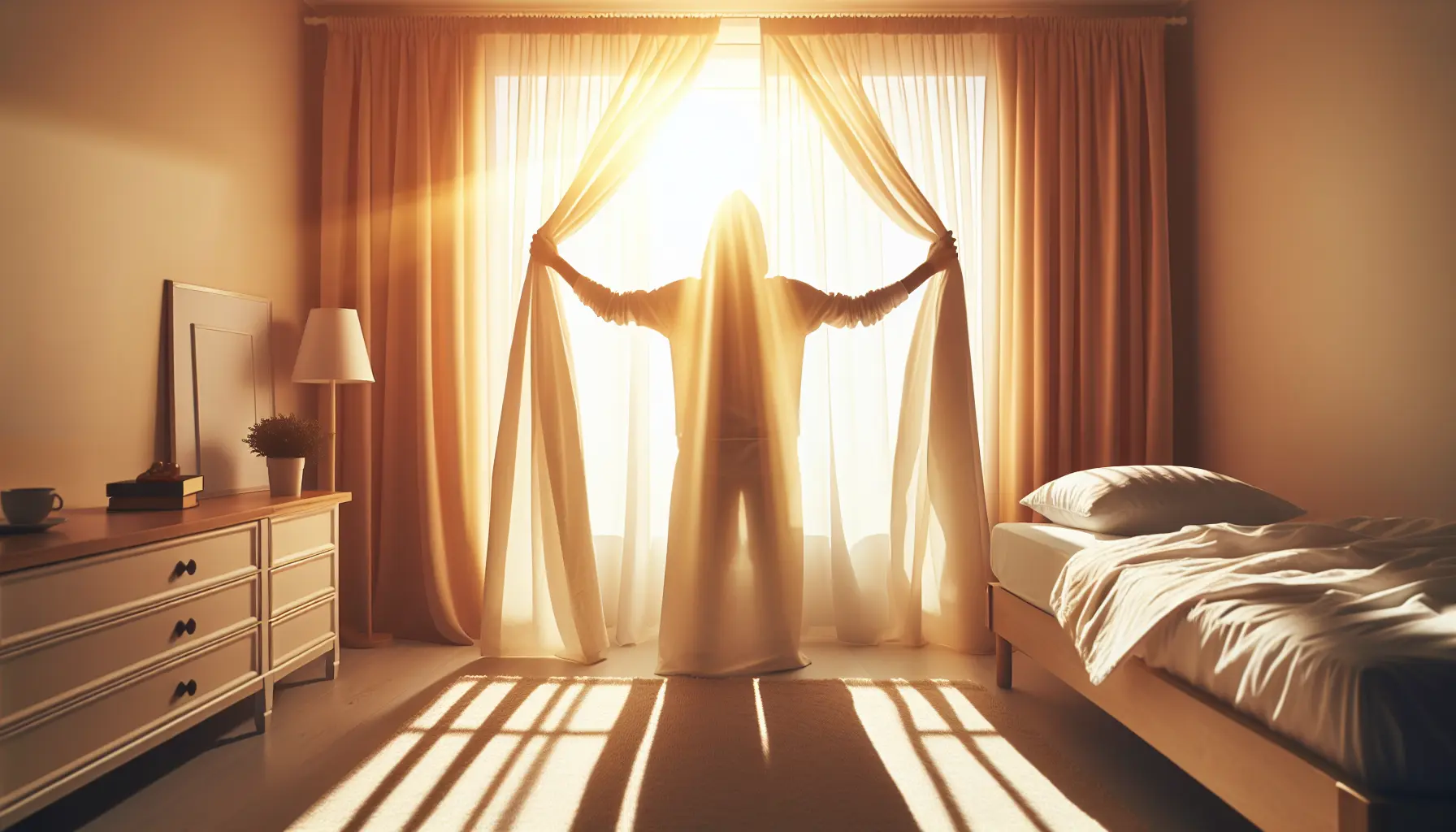 Person opening curtains to morning light in a bright bedroom