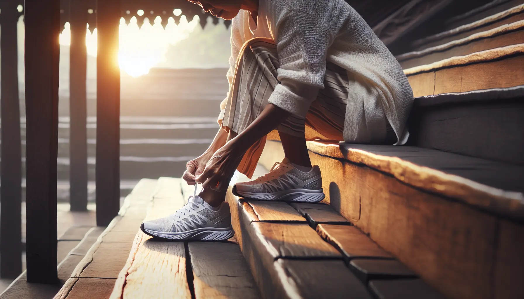 A person lacing up running shoes at dawn