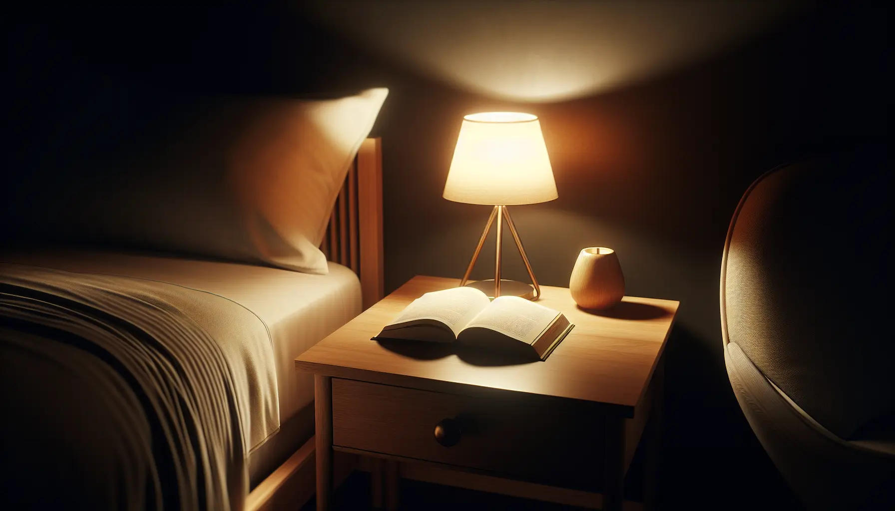 A dim bedroom with a book on the nightstand