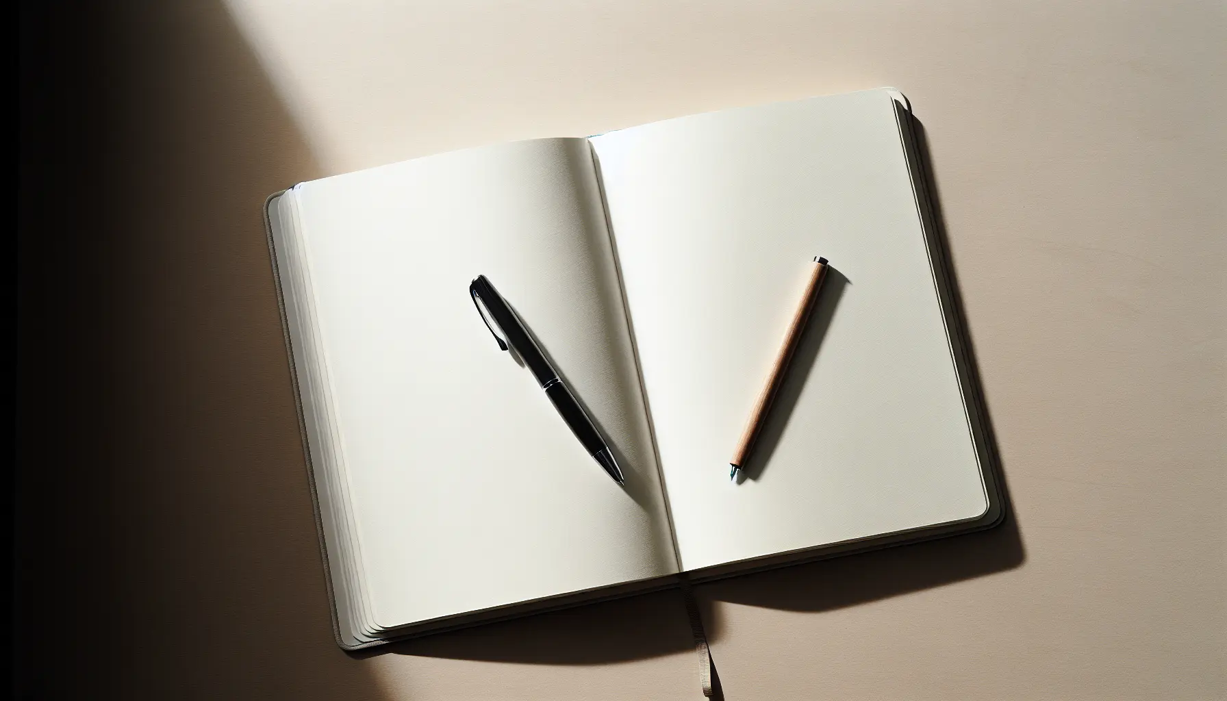 An open notebook with a pen resting on blank pages