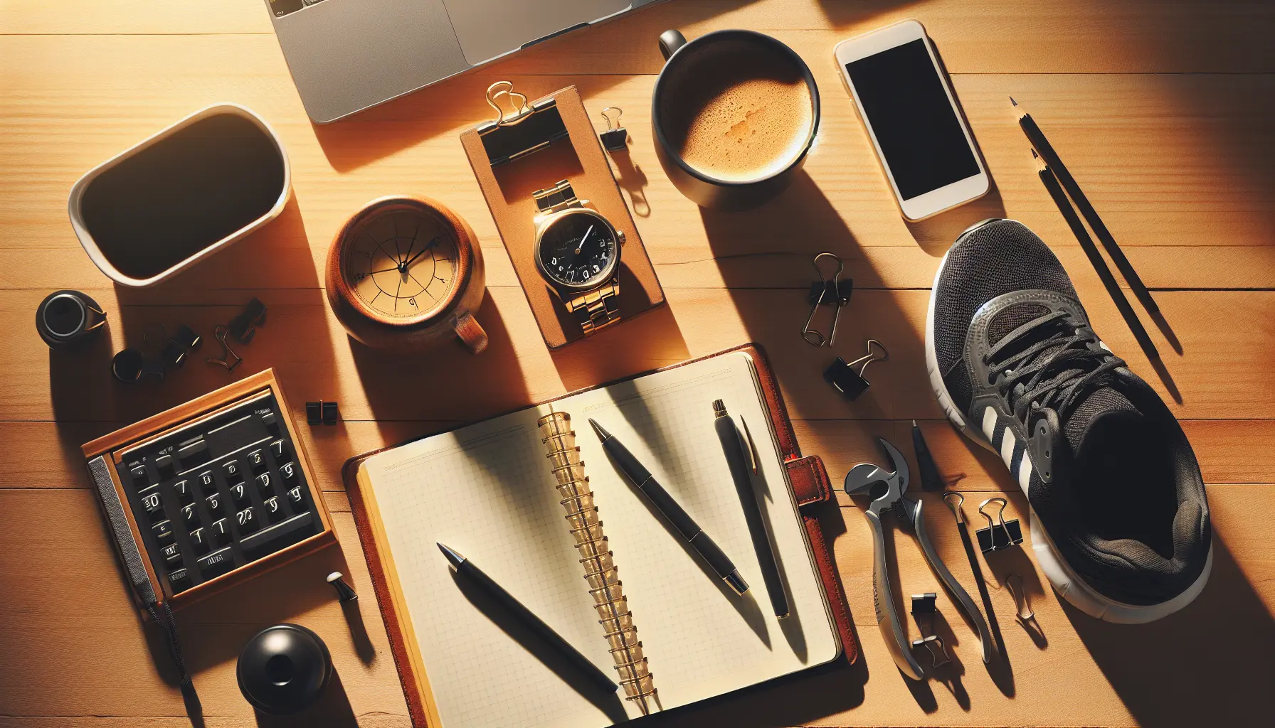 A wooden desk at sunrise with a notebook, black coffee, and running shoes