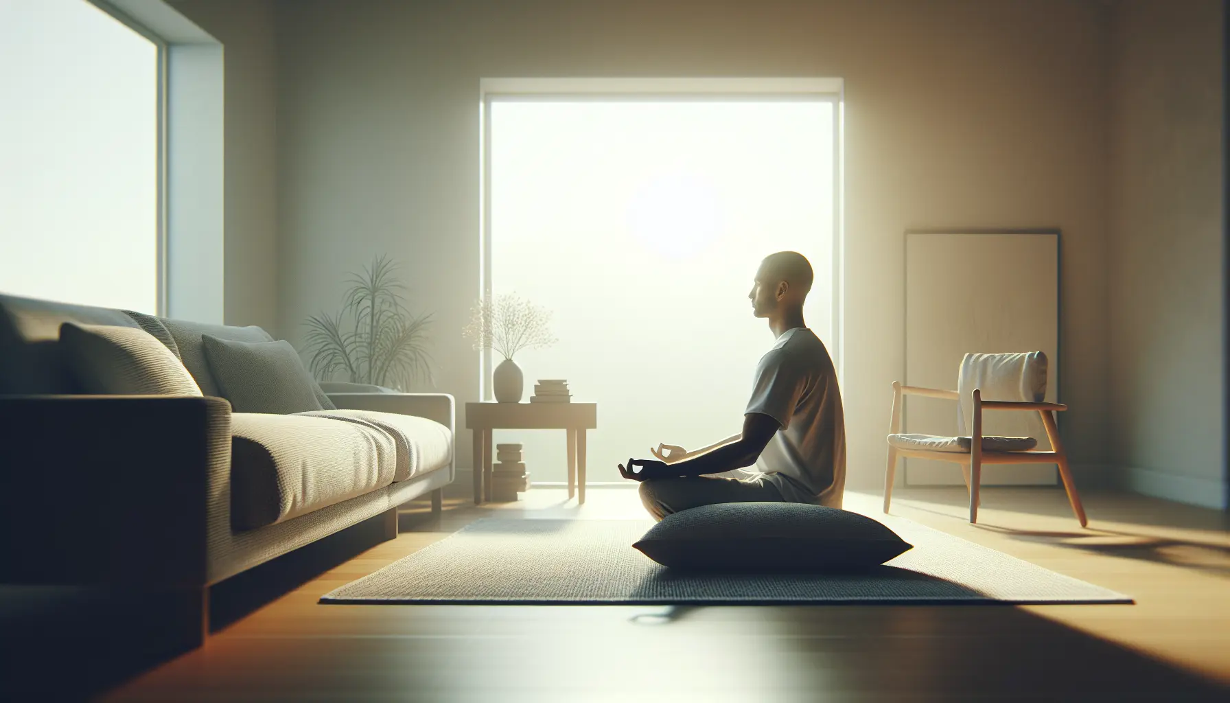 A person meditating on a simple floor cushion in a sunlit room