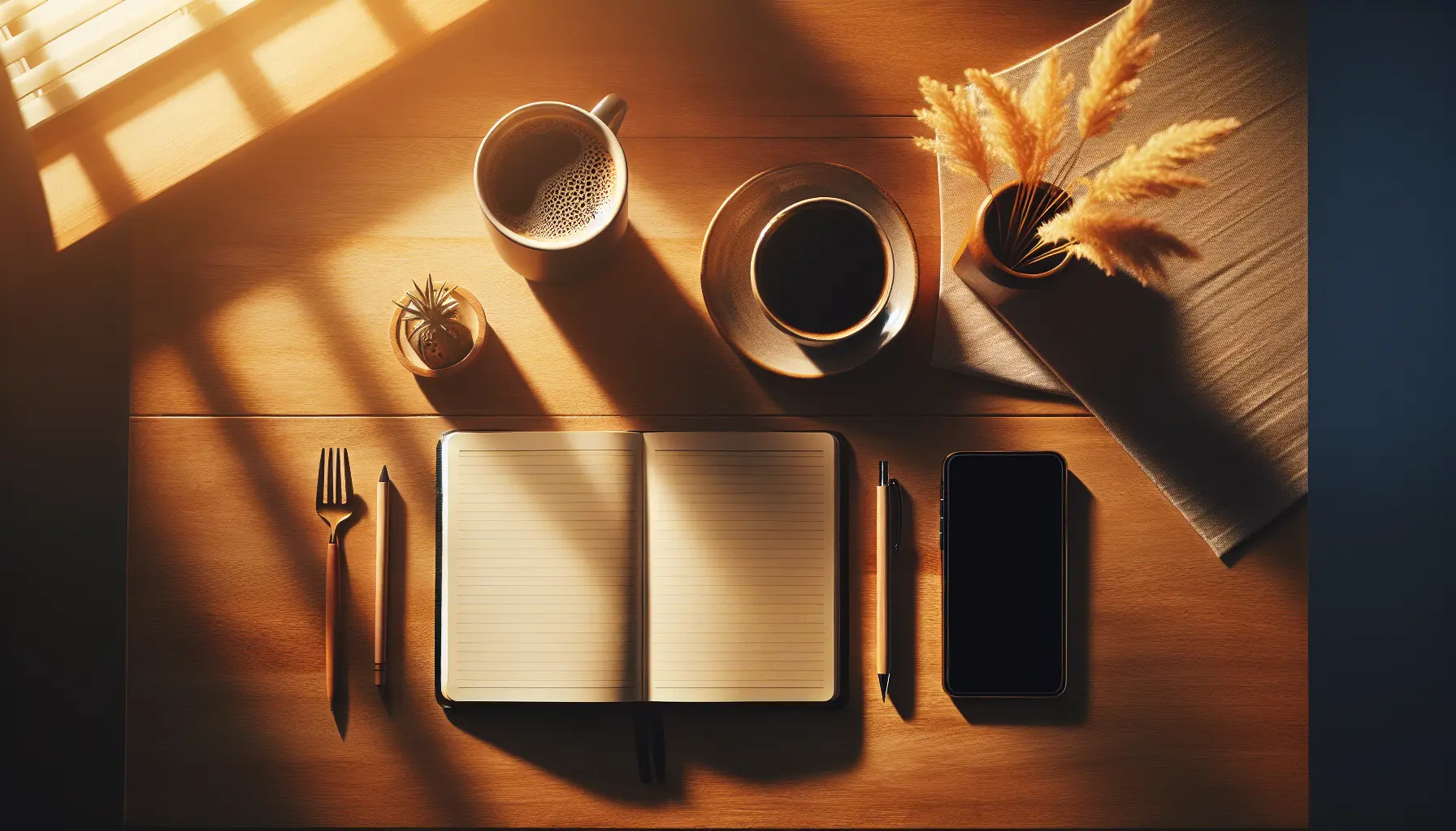 Person starting their morning with a notebook and coffee instead of a phone