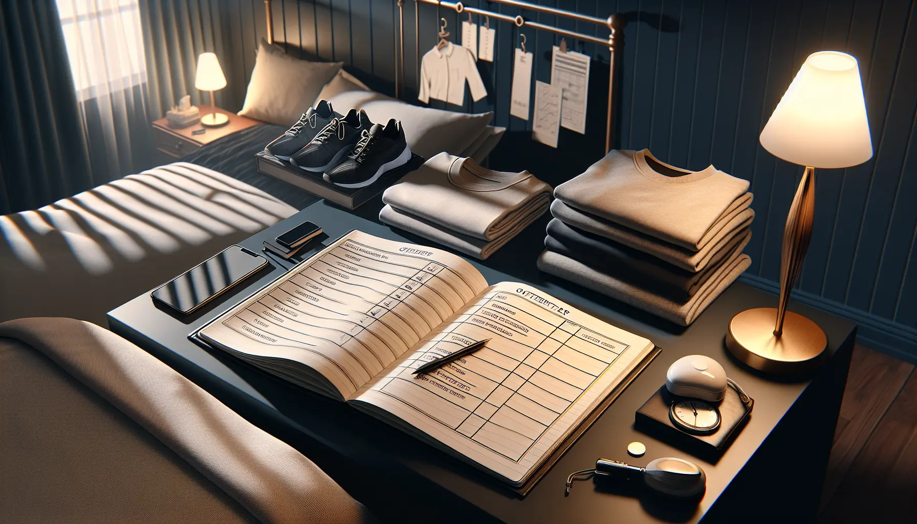 Nighttime preparation setup with clothes laid out and a notebook showing tomorrow's plan