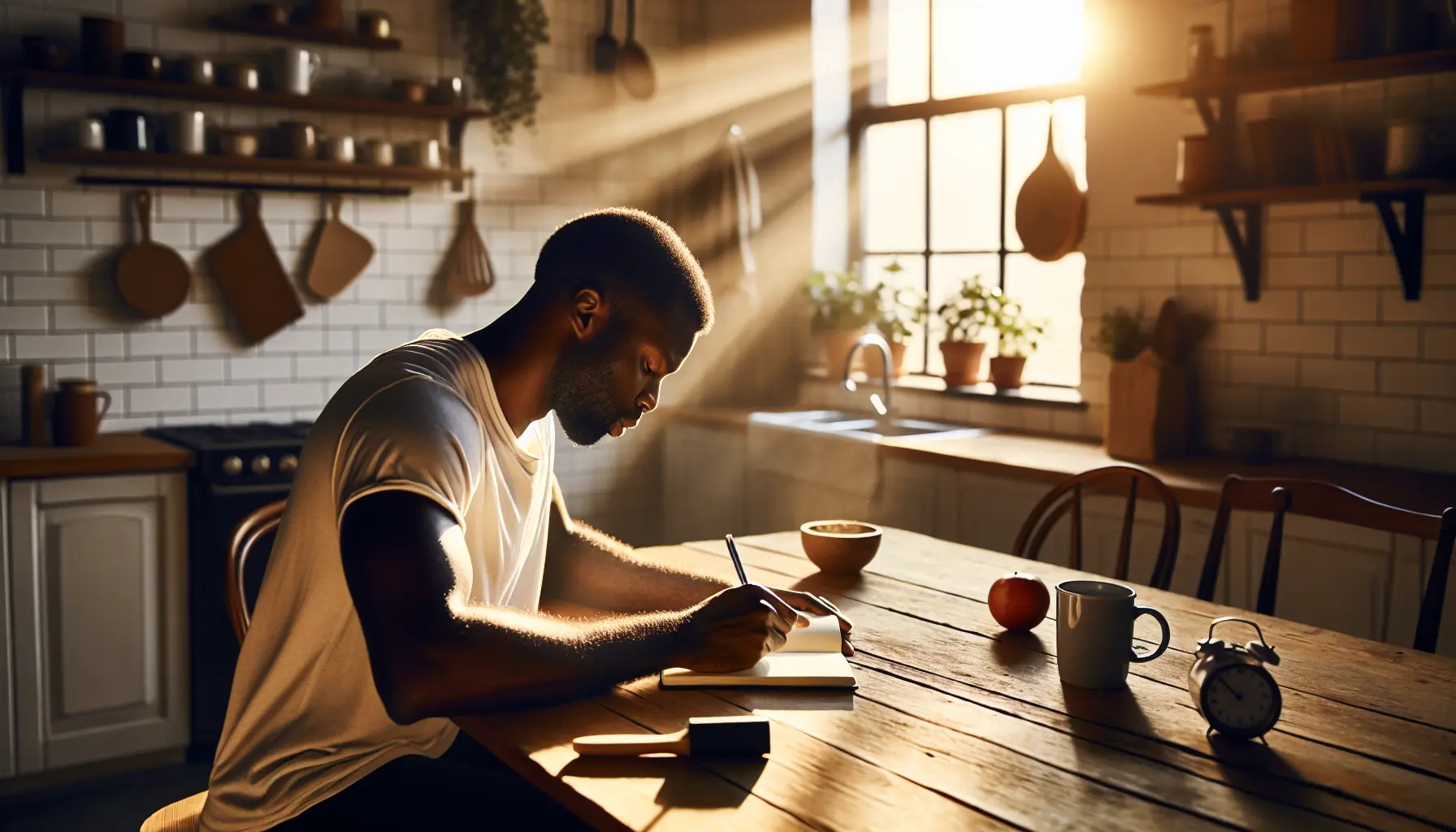 A person writing goals in a notebook at a kitchen table with morning light