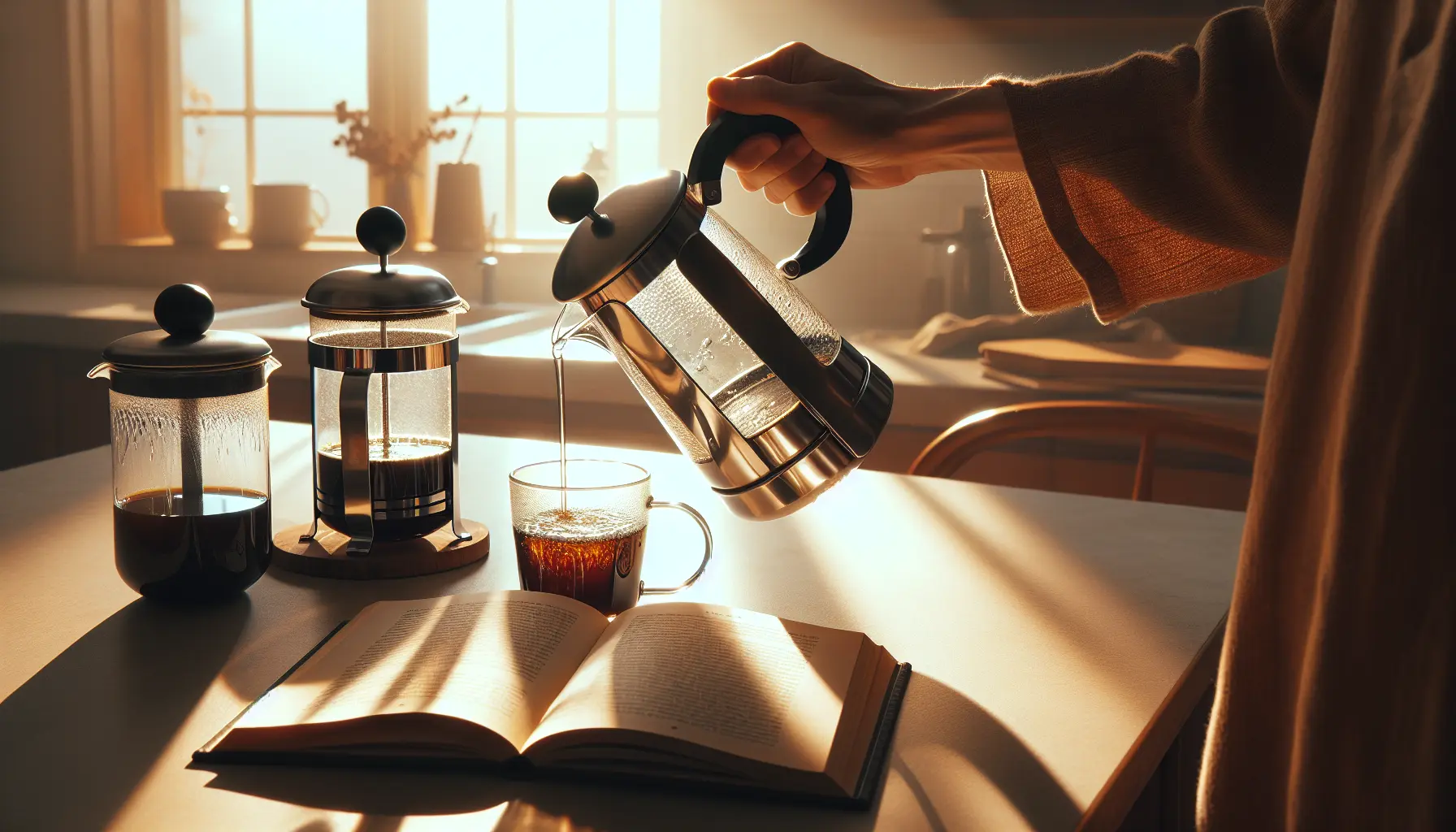 A hand pouring morning coffee next to an open book, illustrating a simple habit stack